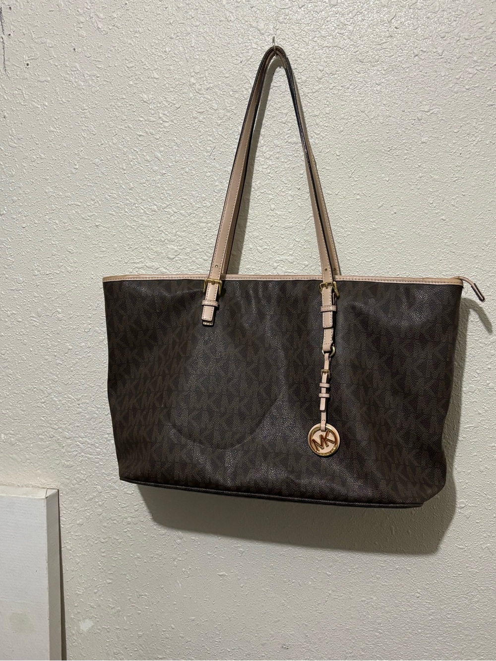 Michael Kors Dark Brown Logo Tote with Pale Pink Trim